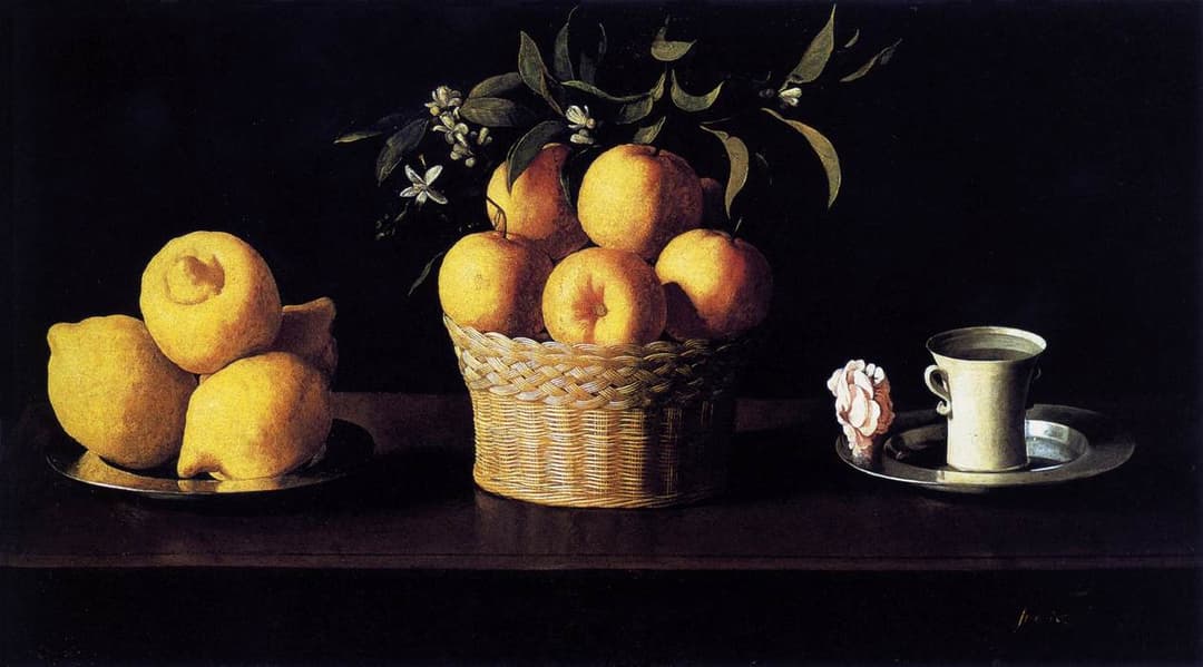 Nature morte aux citrons et oranges avec une rose