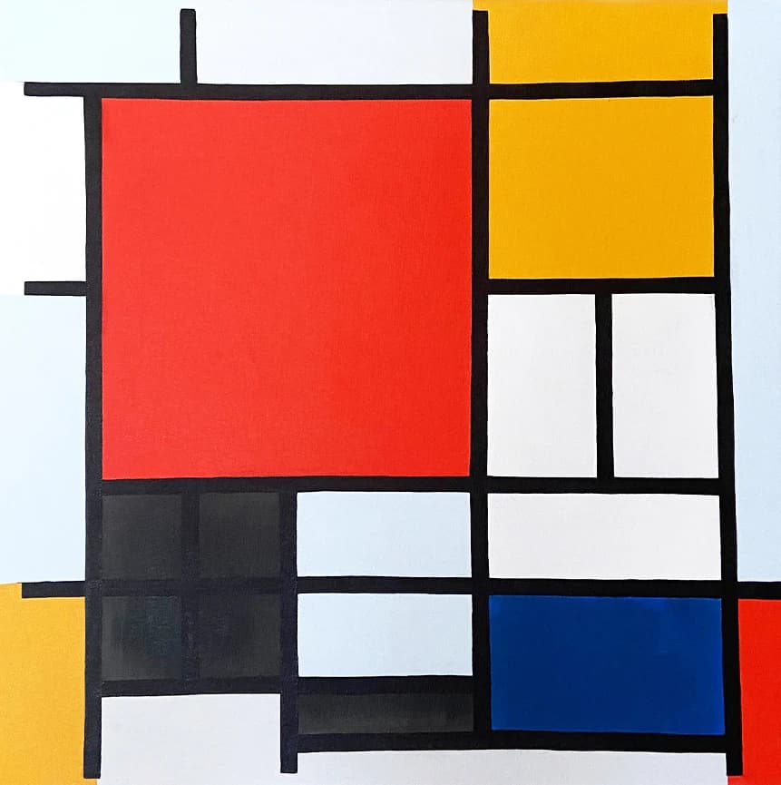 Composition avec grand plan rouge, jaune, noir, gris et bleu